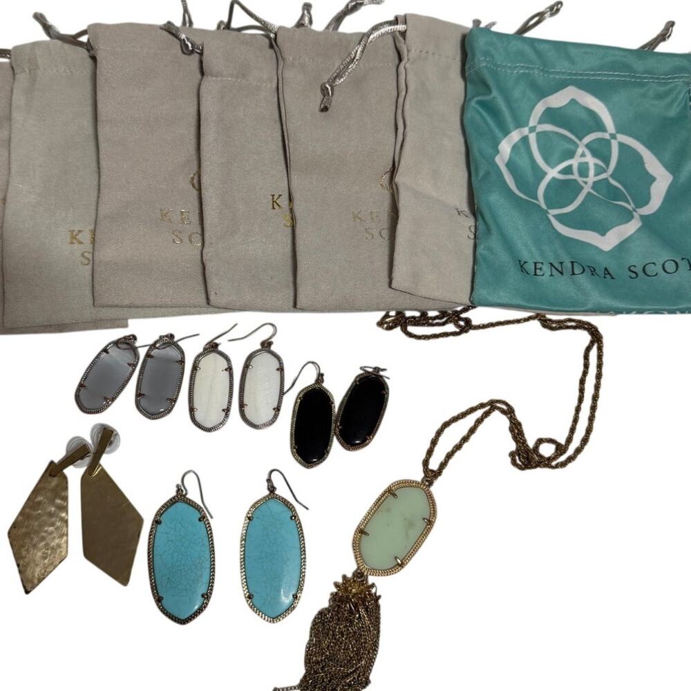 Kendra Scott used Elle earrings necklace green blue black gray gold tarnished
